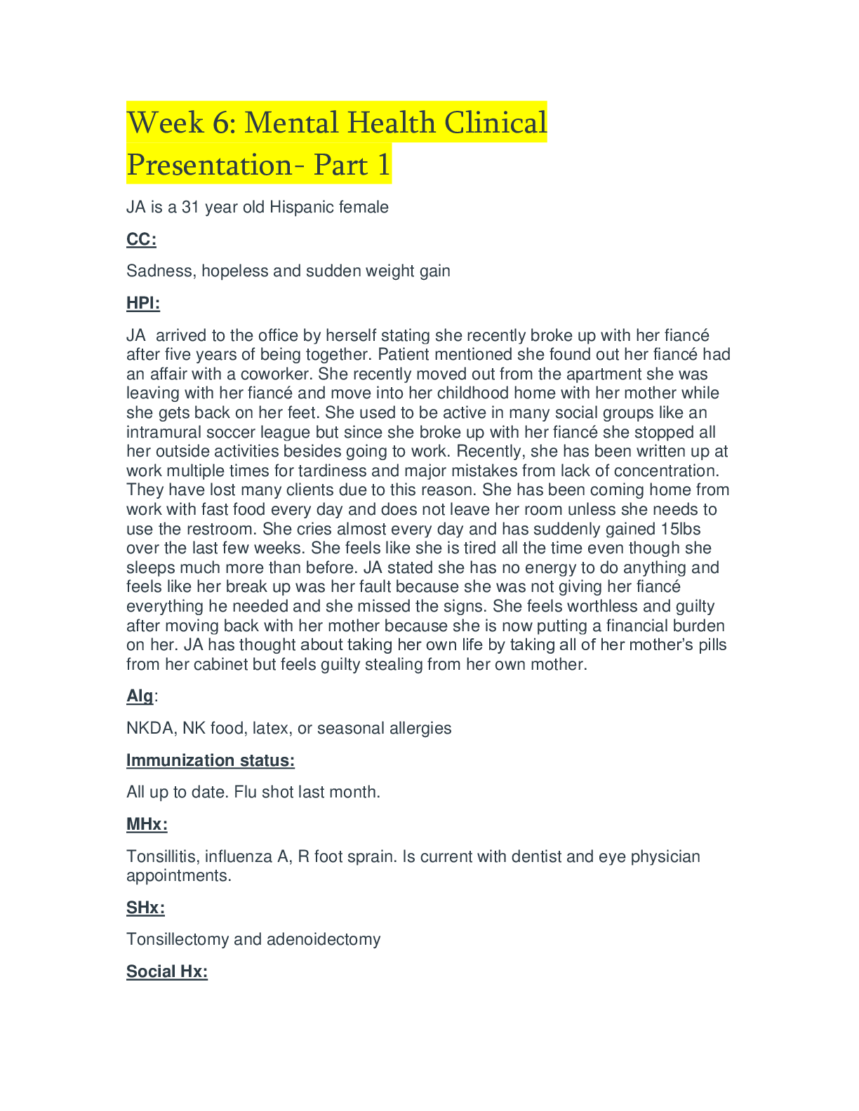 Preview image for NR 603 Week 6: Mental Health Clinical Presentation- Part 1